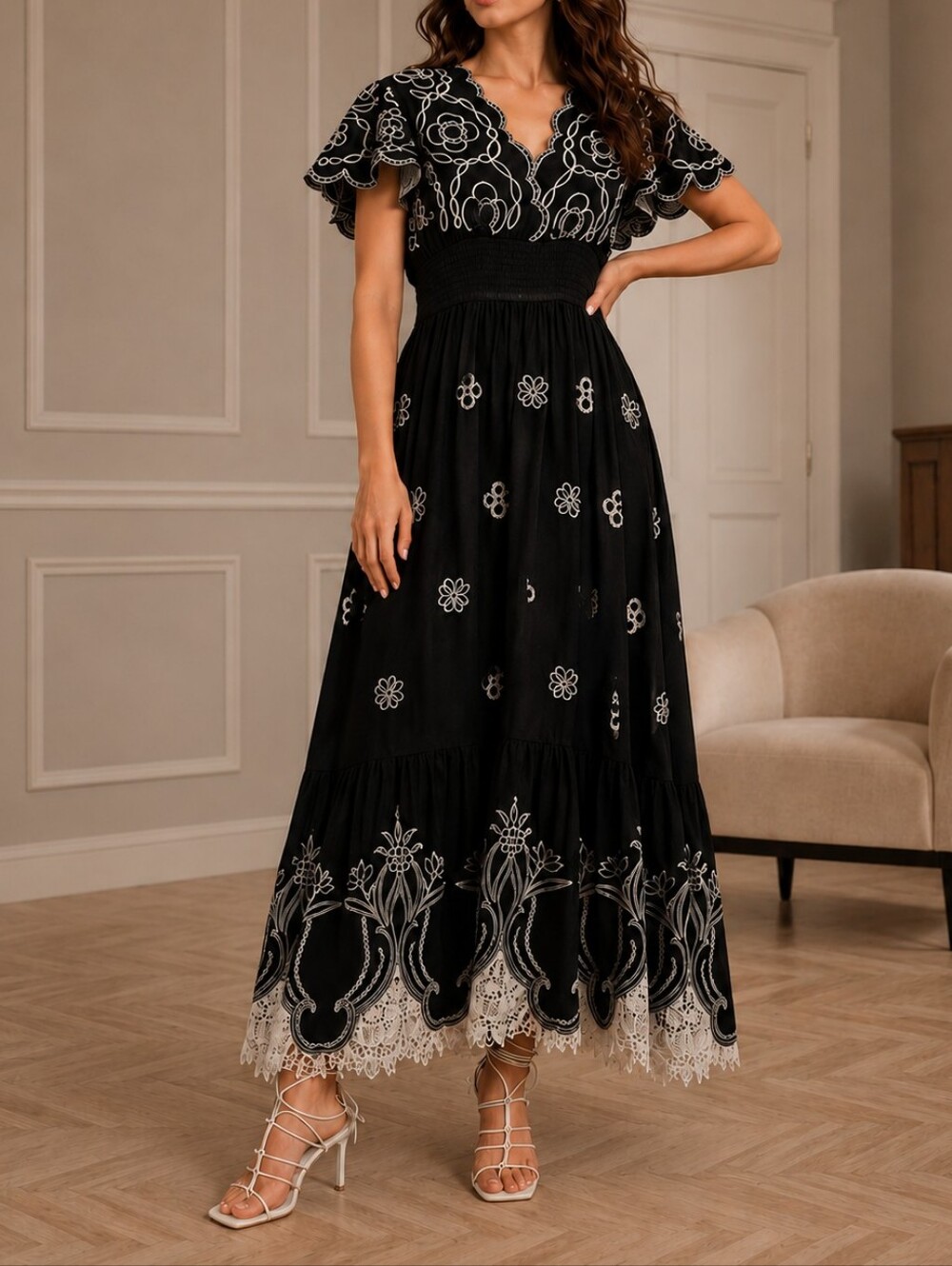 New Embroidered Eyelet Lace Tiered Long Dress Scalloped Detail Black White